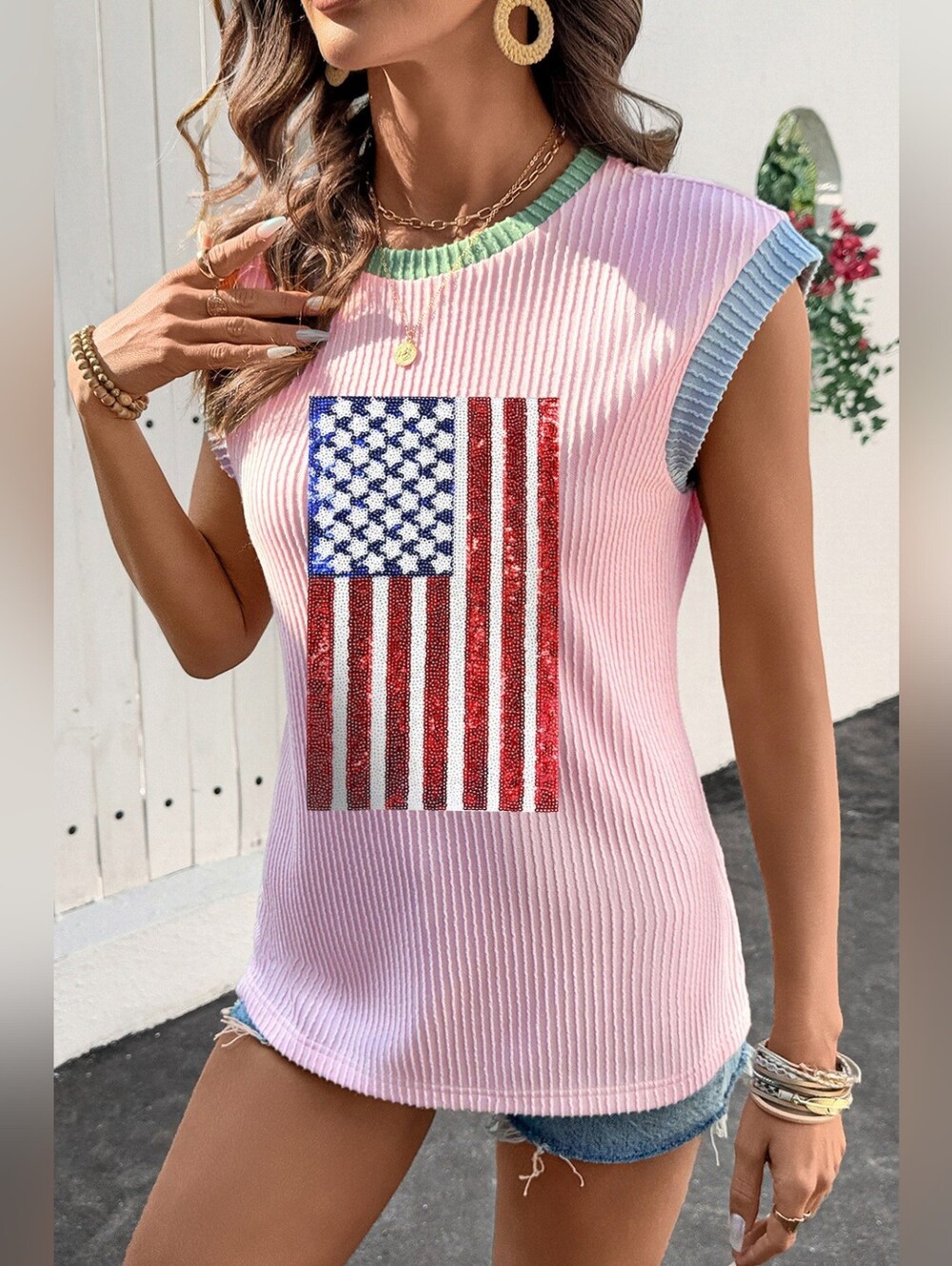 Pink Sleeveless Ribbed Tank with Sequin American Flag - Picture 2 of 10